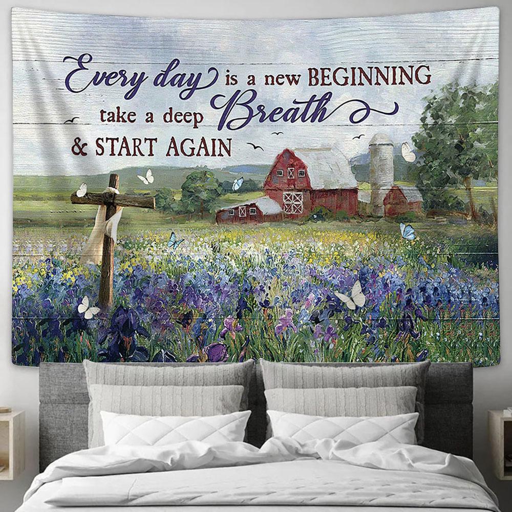Every Day Is A New Beginning Flower Garden Cross Tapestry Prints - Religious Tapestry Art - Christian Home Decor