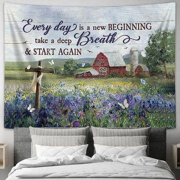 Every Day Is A New Beginning Flower Garden Cross Tapestry Prints - Religious Tapestry Art - Christian Home Decor