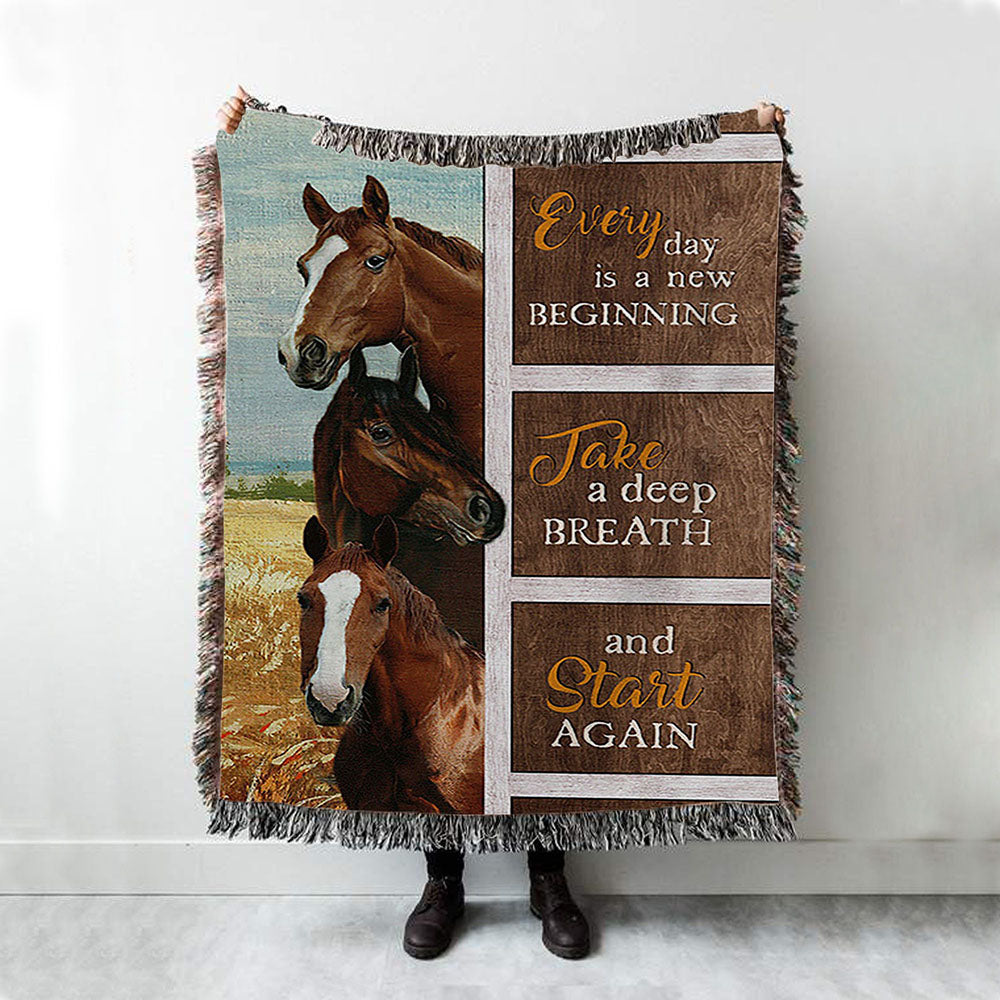 Every Day Is A New Beginning Horses Rice Field Woven Blanket Art - Bible Verse Throw Blanket - Christian Inspirational Boho Blanket