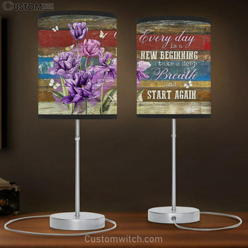 Every Day Is A New Beginning Purple Flower Butterfly Large Table Lamp - Christian Lamp Gift - Bible Verse Table Lamp Art