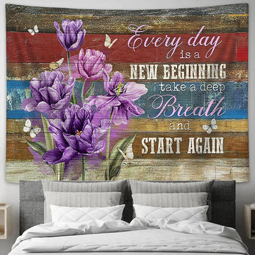 Every Day Is A New Beginning Purple Flower Butterfly Large Tapestry - Christian Wall Art - Bible Verse Tapestry Art