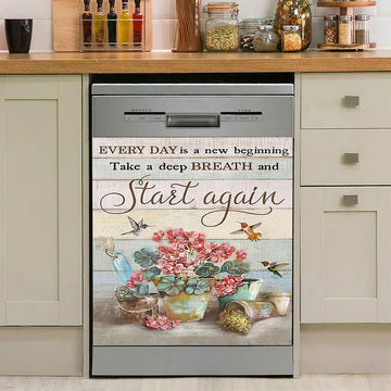 Every Day Is A New Beginning Red Geranium Hummingbird Dishwasher Cover, Christian Dishwasher Magnet Cover, Bible Verse Kitchen Decor