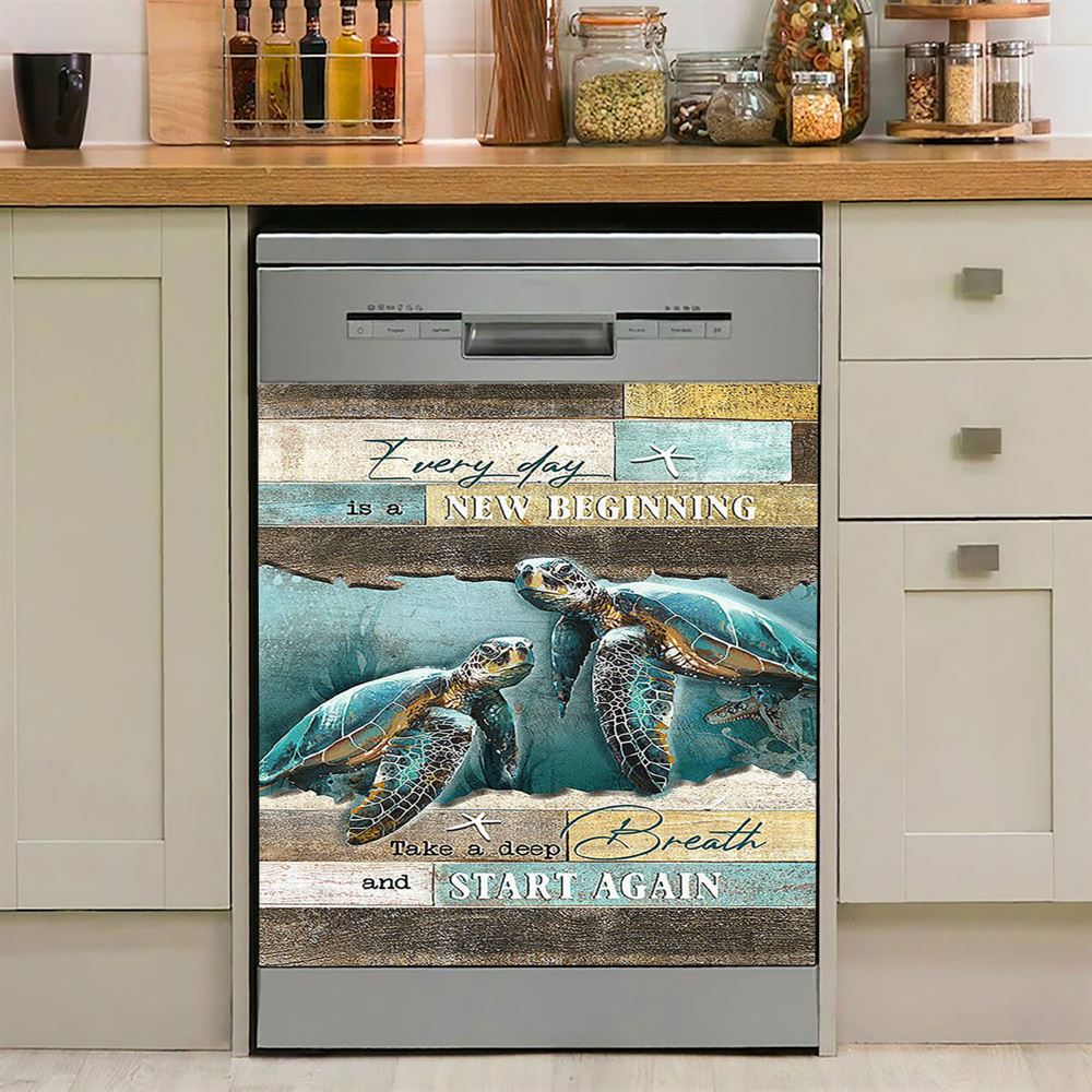 Every Day Is A New Beginning Sea Turtle Deep Ocean White Starfish Dishwasher Cover, Christian Dishwasher Magnet Cover
