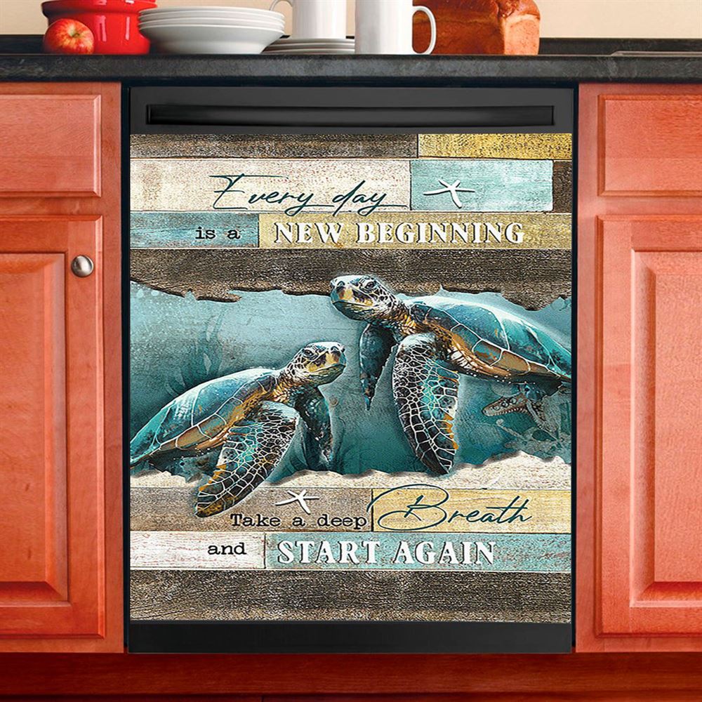 Every Day Is A New Beginning Sea Turtle Deep Ocean White Starfish Dishwasher Cover, Christian Dishwasher Magnet Cover