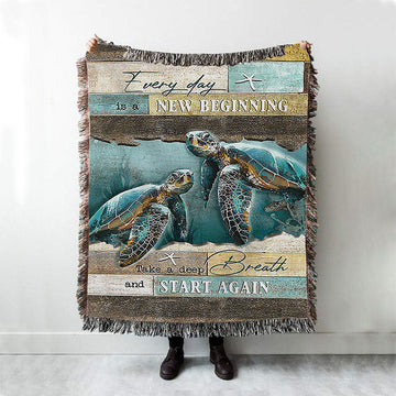 Every Day Is A New Beginning Sea Turtle Deep Ocean White Starfish Woven Throw Blanket - Christian Woven Blanket Prints