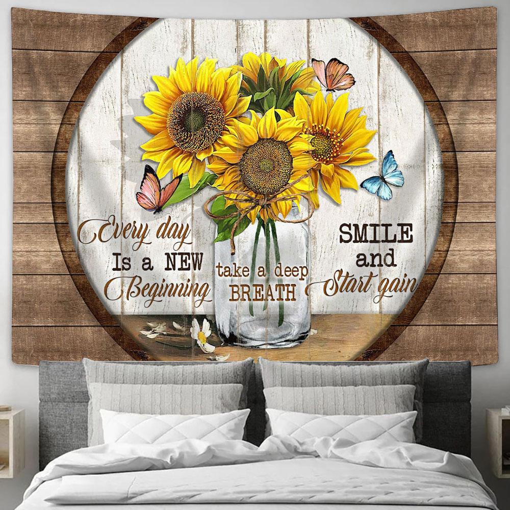 Every Day Is A New Beginning Sunflower Butterfly Large Tapestry - Christian Wall Art - Bible Verse Tapestry Art