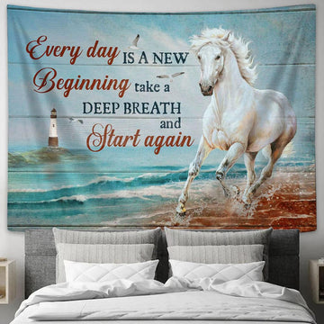 Every Day Is A New Beginning Tapestry - Blue Ocean, Running Horse, Lighthouse Wall Art Tapestry - Christian Wall Art - Religious Art