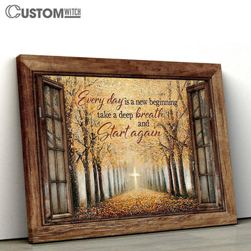 Every Day Is A New Beginning Yellow Leaf Golden Cross Canvas Wall Art - Bible Verse Canvas - Religious Prints