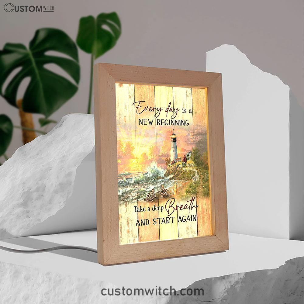 Every Day Is New Beginning Sunset Sea Turtle Lighthouse Frame Lamp Art - Christian Night Light - Bible Verse Wooden Lamp