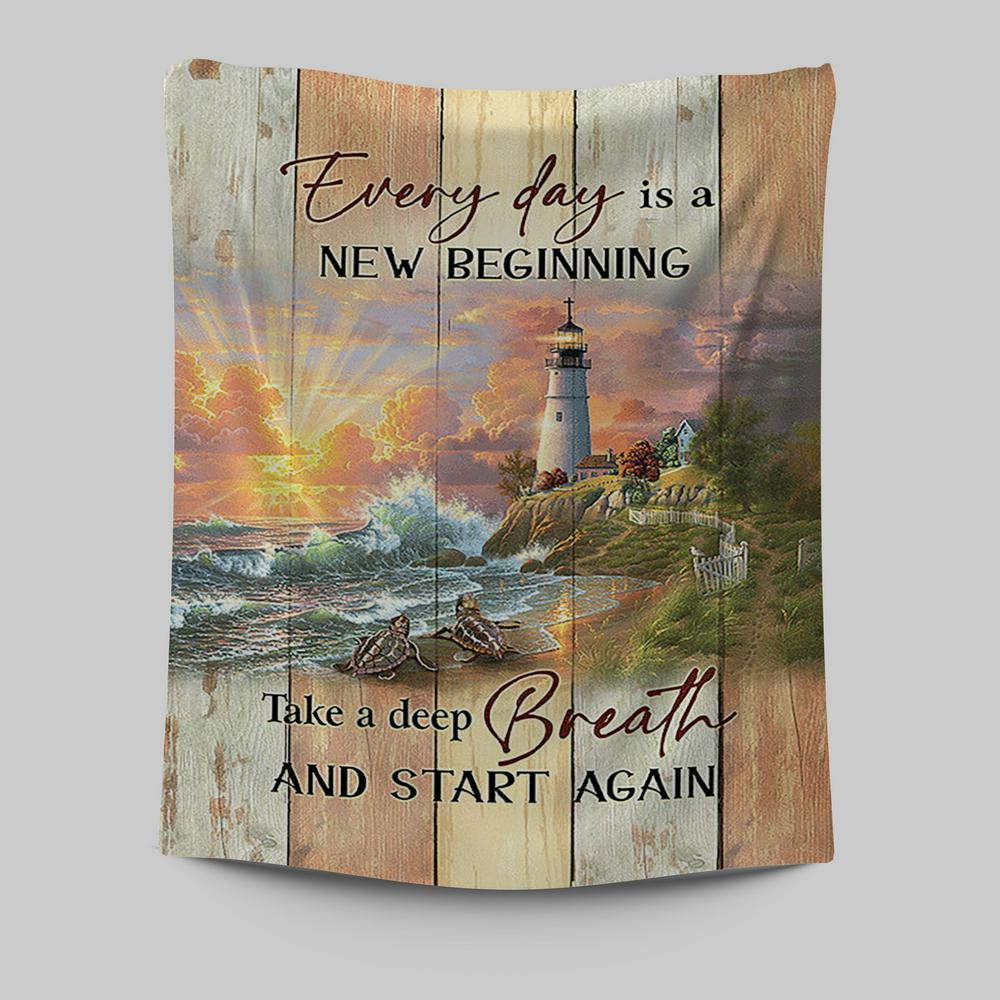 Every Day Is New Beginning Sunset Sea Turtle Lighthouse Tapestry Wall Art - Christian Tapestries Prints - Bible Verse Tapestry Art