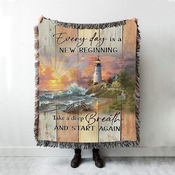 Every Day Is New Beginning Sunset Sea Turtle Lighthouse Woven Throw Blanket - Christian Woven Blanket Prints - Bible Verse Woven Blanket Art