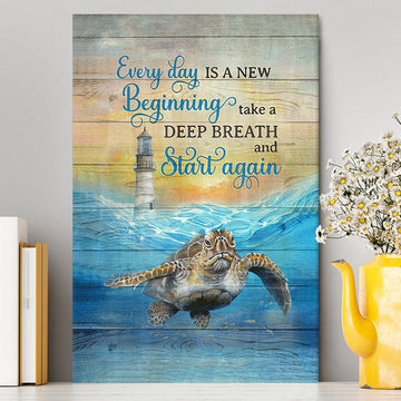 Everyday Is A New Beginning Sea Turtle Lighthouse Blue Ocean Canvas Wall Art - Christian Canvas Prints - Bible Verse Canvas Art