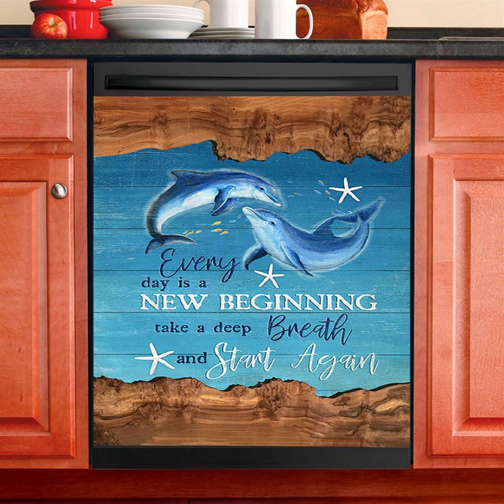 Everyday Is A New Beginning Dolphin Blue Ocean Dishwasher Cover, Bible Verse Dishwasher Magnet Cover, Christian Inspirational Kitchen Decor
