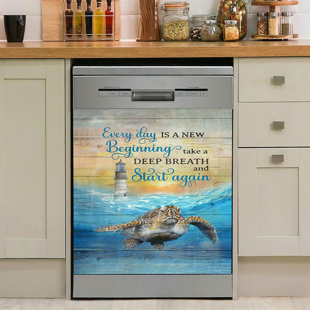 Everyday Is A New Beginning Sea Turtle Lighthouse Blue Ocean Dishwasher Cover, Christian Dishwasher Magnet Cover, Bible Verse Kitchen Decor