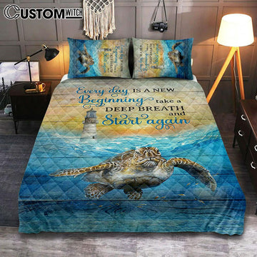 Everyday Is A New Beginning Sea Turtle Lighthouse Blue Ocean Quilt Bedding Set Bedroom - Christian Quilt Bedding Set Prints - Bible Verse Quilt Bedding Set Art