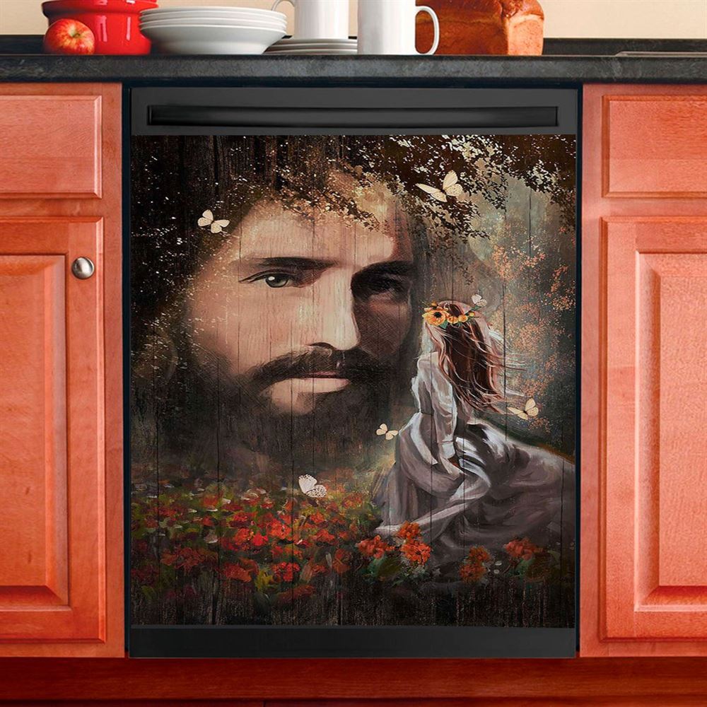 Face Of Jesus Pretty Girl Red Flower Garden Dishwasher Cover, Christian Dishwasher Magnet Cover, Bible Verse Kitchen Decor