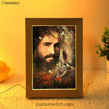 Face Of Jesus Pretty Girl Red Flower Garden Frame Lamp Art - Christian Art - Bible Verse Art - Religious Home Decor