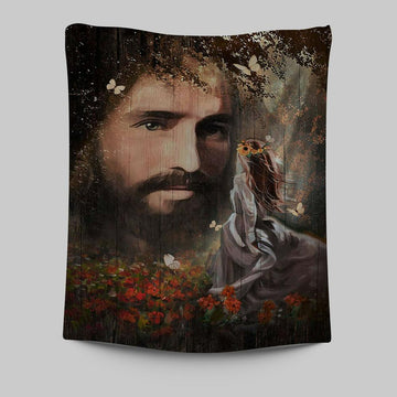 Face Of Jesus Pretty Girl Red Flower Garden Tapestry Art - Christian Art - Bible Verse Wall Art - Religious Home Decor