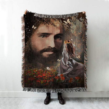 Face Of Jesus Pretty Girl Red Flower Garden Woven Blanket Art - Christian Art - Bible Verse Throw Blanket - Religious Home Decor