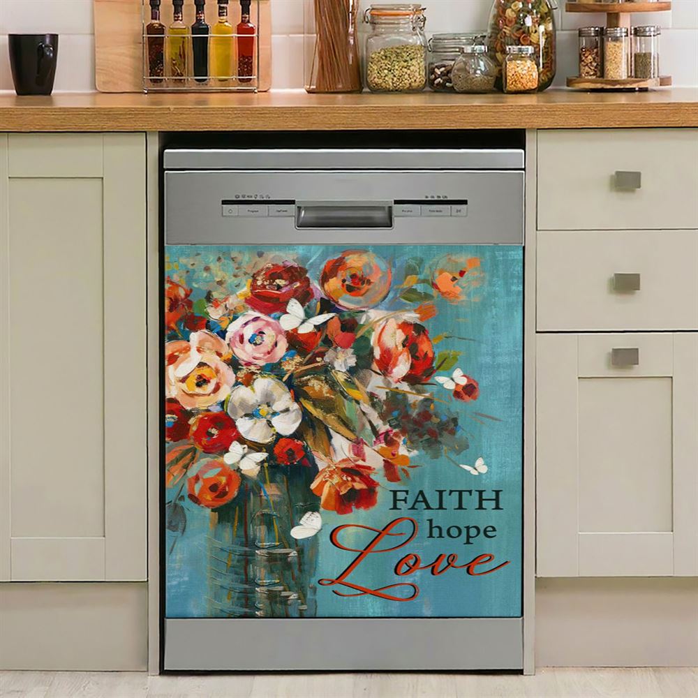 Faith Hope Love Butterfly Rose Christian Dishwasher Cover, Bible Verse Dishwasher Magnet Cover, Scripture Kitchen Decor