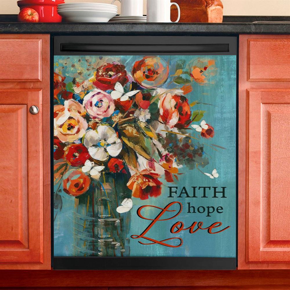Faith Hope Love Butterfly Rose Christian Dishwasher Cover, Bible Verse Dishwasher Magnet Cover, Scripture Kitchen Decor