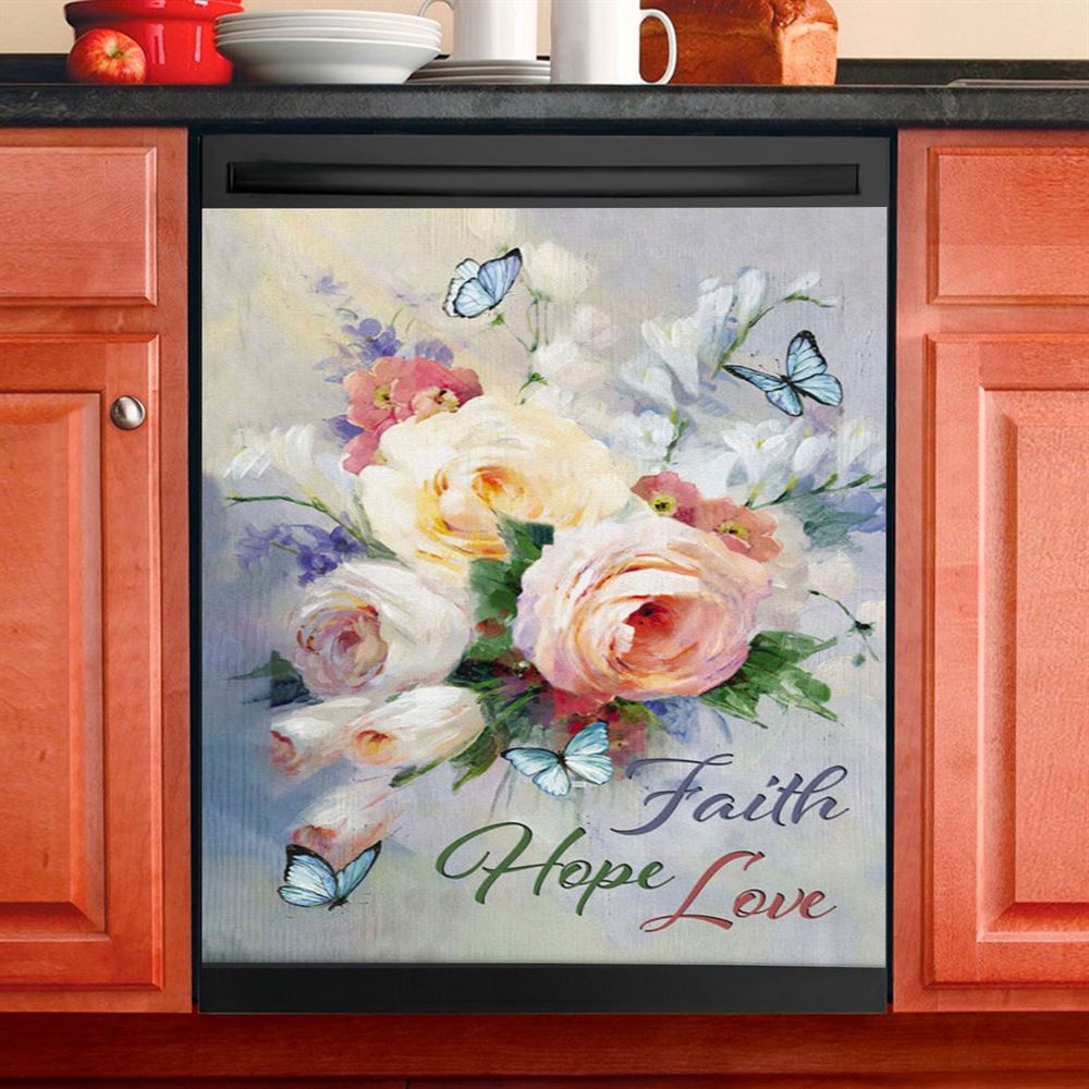 Faith Hope Love Butterfly Roses Christian Dishwasher Cover, Bible Verse Dishwasher Magnet Cover, Scripture Kitchen Decor