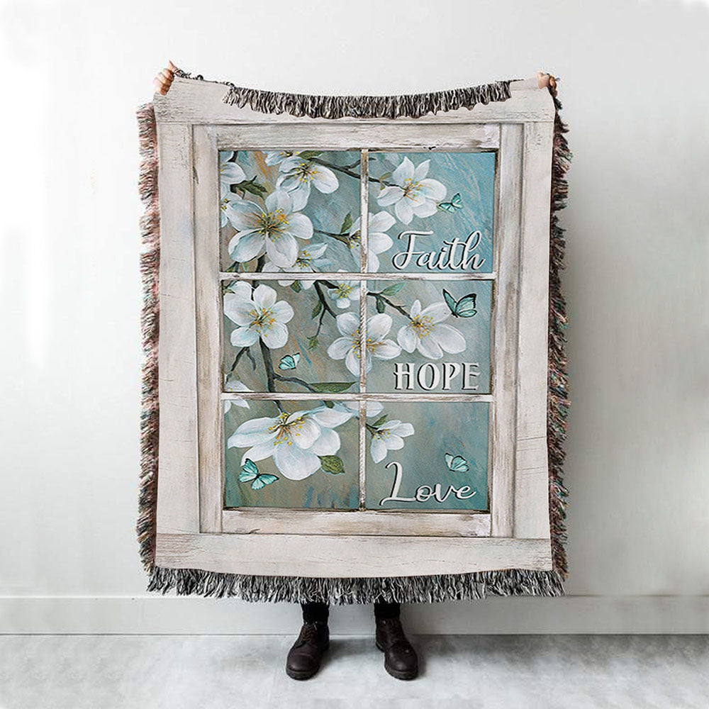 Faith Hope Love Flower Blue Butterfly Woven Blanket Art - Bible Verse Throw Blanket - Christian Inspirational Boho Blanket
