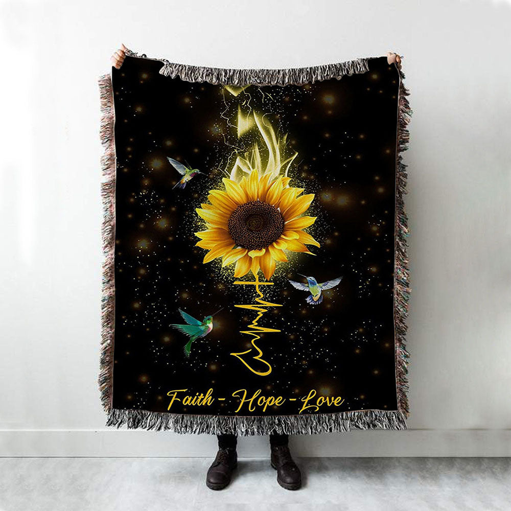 Faith Hope Love Hummingbird Sunflower Woven Throw Blanket - Christian Woven Blanket Prints - Religious Boho Blanket