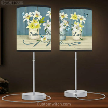 Faith Hope Love White Lily Blue Butterfly Table Lamp Prints - Religious Table Lamp Art - Christian Home Decor