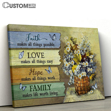Faith Makes All Things Possible Daisy Flower Blue Butterfly Canvas Wall Art - Bible Verse Canvas - Religious Prints