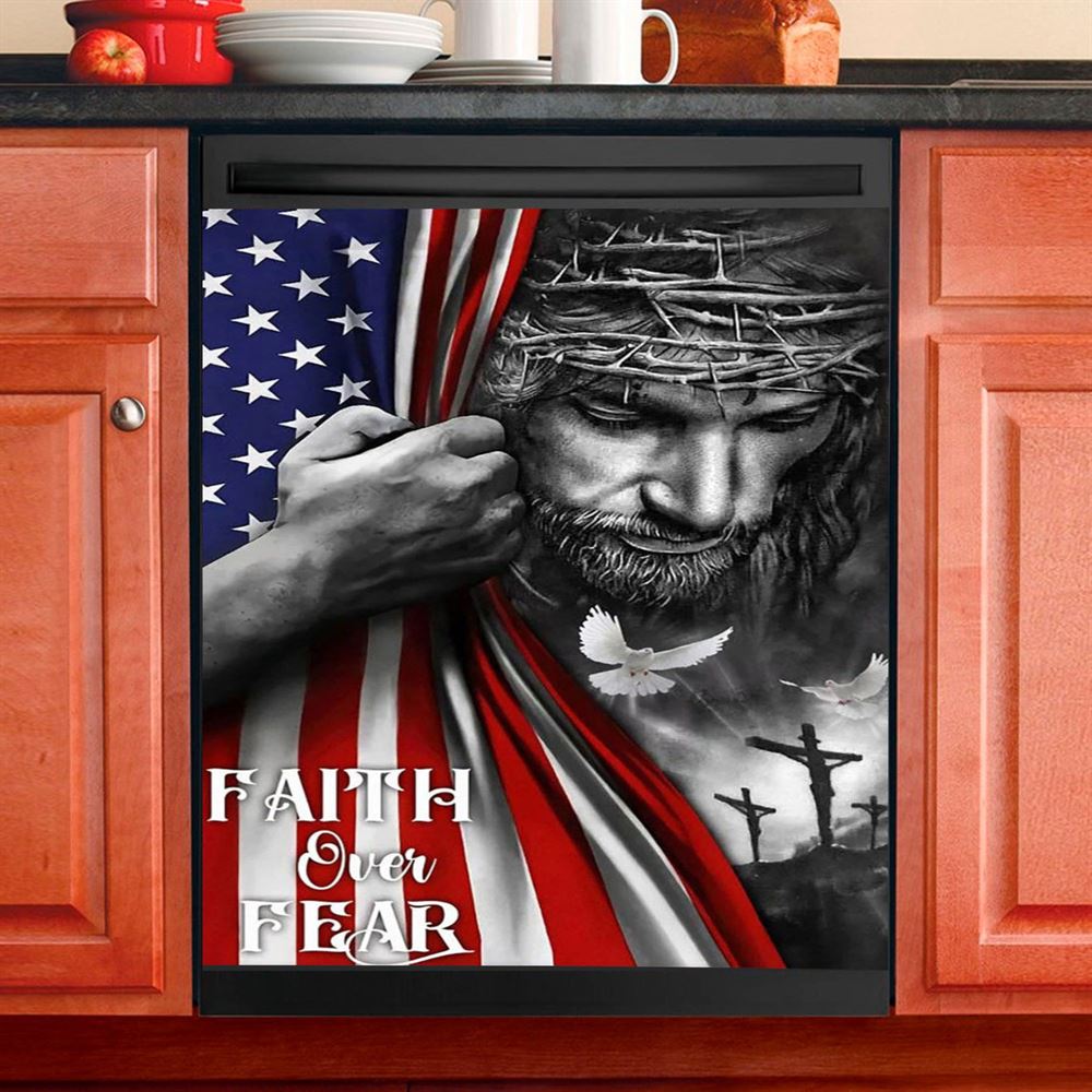 Faith Over Fear God Jesus Dishwasher Cover, Christian Dishwasher Magnet Cover, Religious Kitchen Decor
