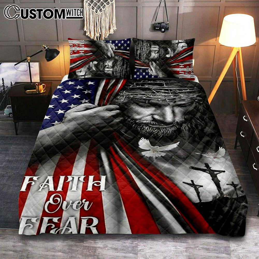 Faith Over Fear God Jesus Quilt Bedding Set Bedroom - Christian Bedroom Decor - Religious Quilt Bedding Set Prints