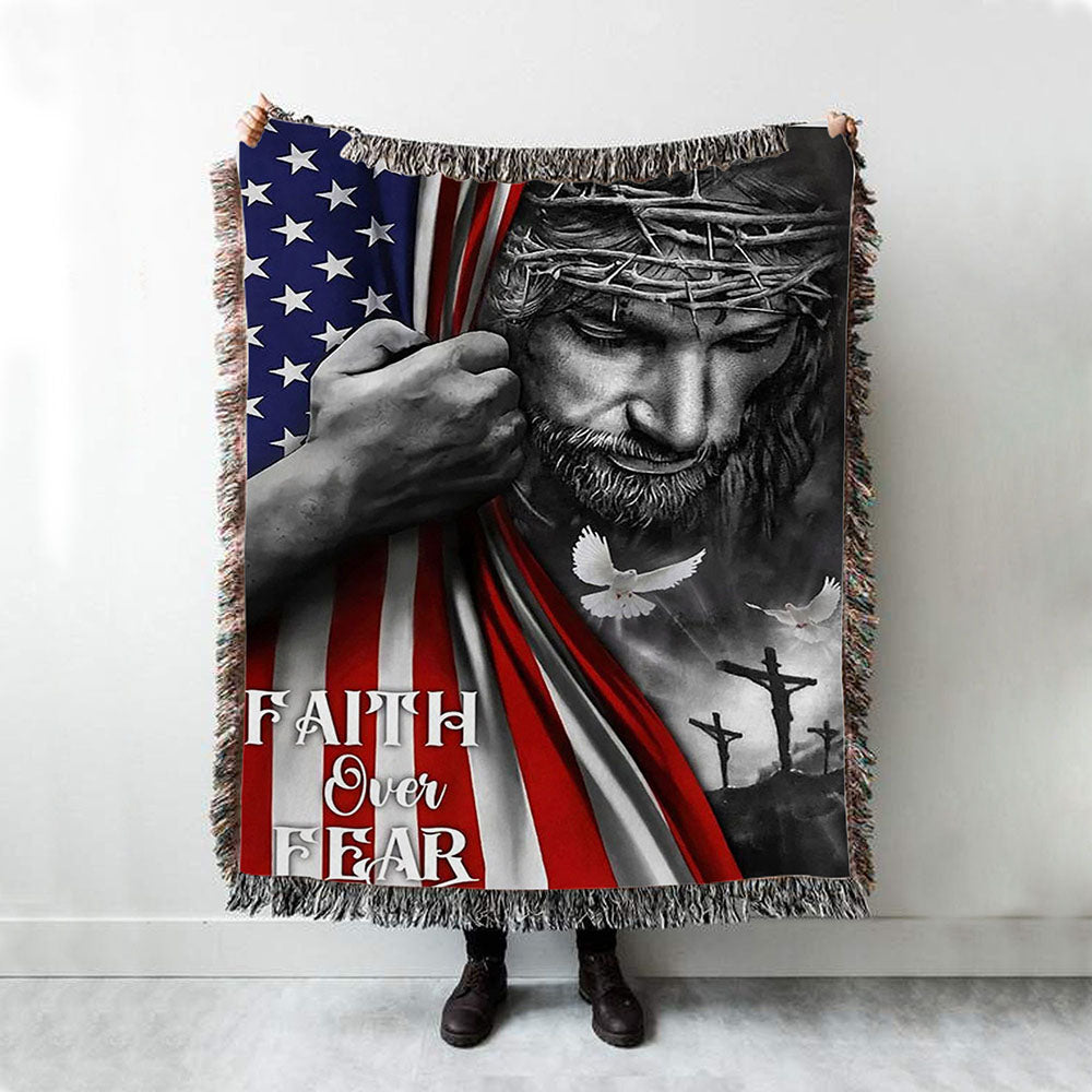 Faith Over Fear God Jesus Woven Throw Blanket - Christian Throw Blanket Decor - Religious Woven Blanket Prints
