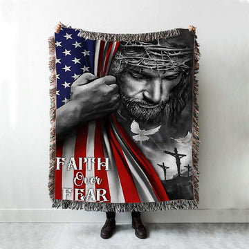 Faith Over Fear God Jesus Woven Throw Blanket - Christian Throw Blanket Decor - Religious Woven Blanket Prints