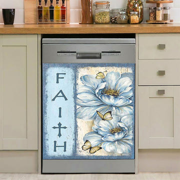 Faith White Flower Pretty Butterfly Dishwasher Cover, Bible Verse Dishwasher Magnet Cover, Christian Inspirational Kitchen Decor