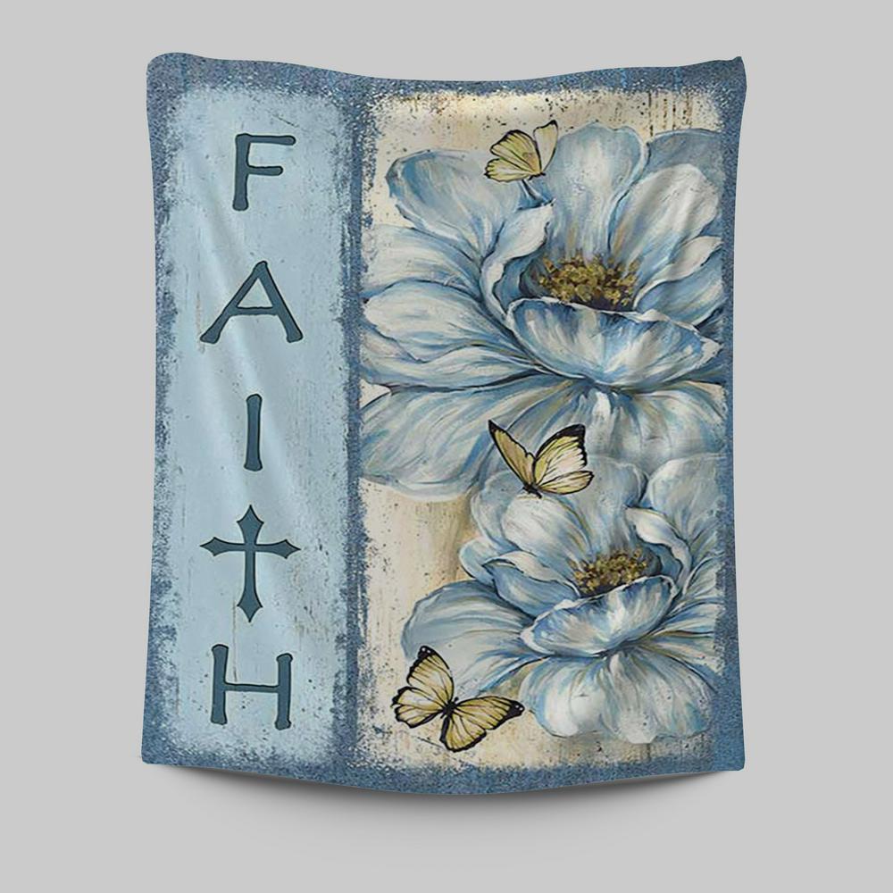 Faith White Flower Pretty Butterfly Tapestry Art - Bible Verse Wall Art - Christian Inspirational Wall Decor