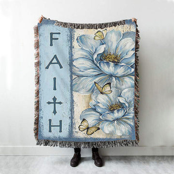 Faith White Flower Pretty Butterfly Woven Blanket Art - Bible Verse Throw Blanket - Christian Inspirational Boho Blanket