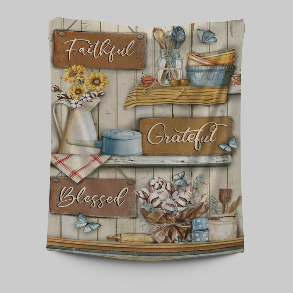 Faithful Grateful Blessed Flower Butterfly Tapestry Wall Art - Christian Wall Art Decor - Religious Tapestries Wall Hanging Prints