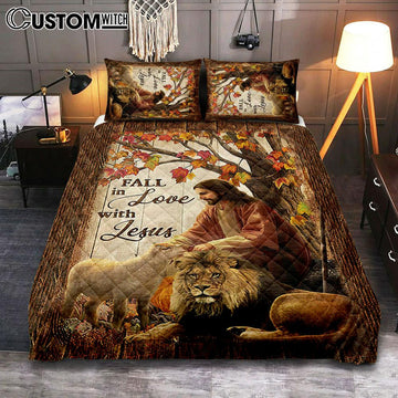 Fall In Love With Jesus Quilt Bedding Set - Jesus Lion Of Judah White Lamb Quilt Bedding Set - Christian Bedroom - Religious Home Decor