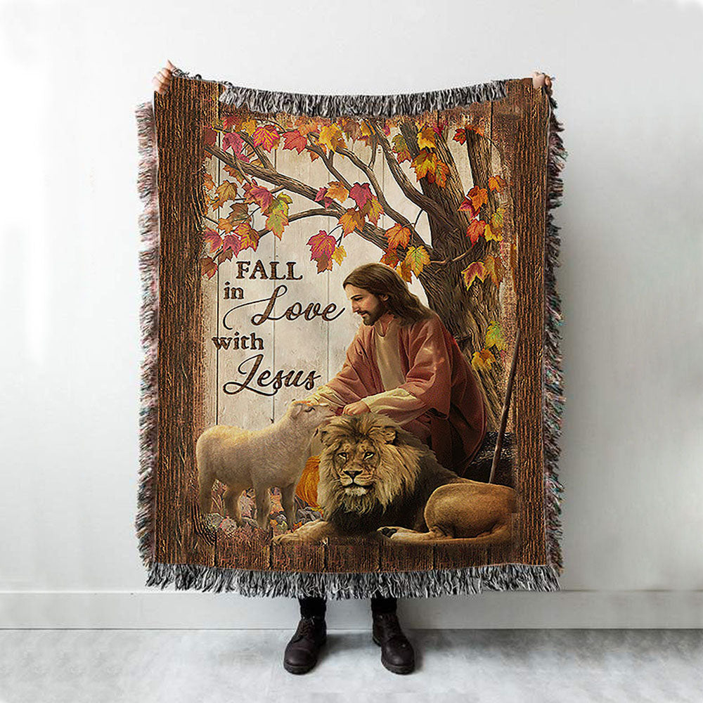 Fall In Love With Jesus Woven Blanket - Jesus Lion Of Judah White Lamb Woven Blanket - Christian Throw Blanket - Religious Home Decor
