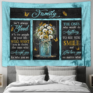 Family Isn&#39;t Always Blood Flower Yellow Butterfly Large Tapestry - Christian Wall Art - Bible Verse Tapestry Art