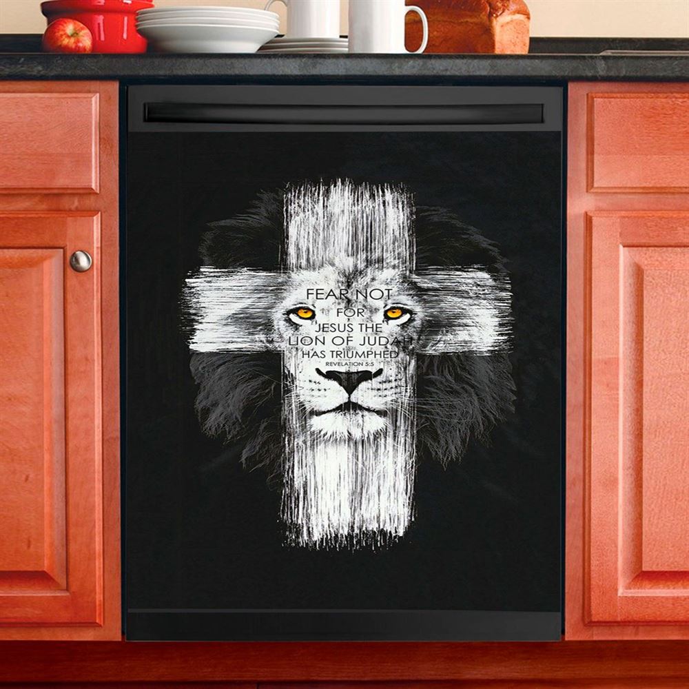 Fear Not For Jesus Dishwasher Cover, Lion Of Judah Has Triumphed Revelation 5 5 Dishwasher Magnet Cover, Religious Kitchen Decor