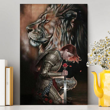 Female Warrior Kneel And Lion Of Judah Canvas Wall Art - Christian Home Decor - Religious Art