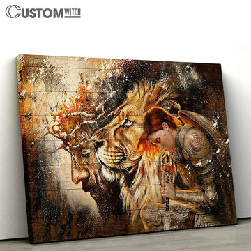 Female Knight Praying To Jesus Lion Of Judah Canvas Wall Art - Bible Verse Canvas - Religious Prints