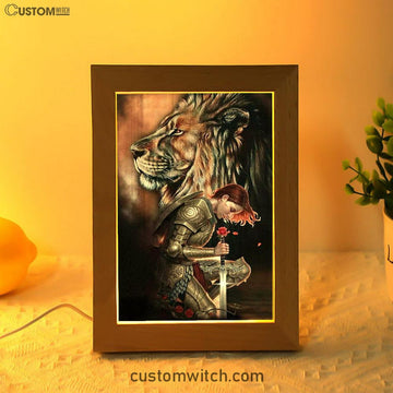 Female Warrior Kneel And Lion Of Judah Frame Lamp Art - Christian Home Decor - Religious Art