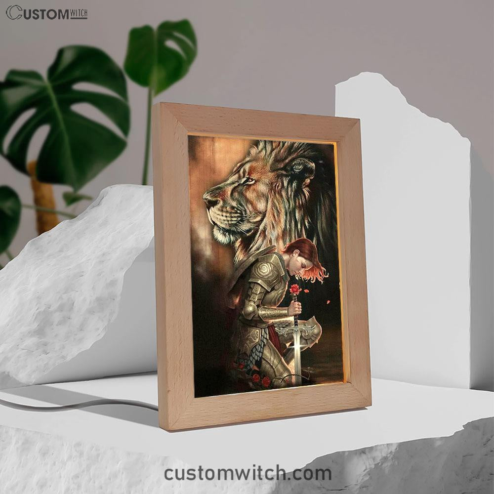Female Warrior Kneel And Lion Of Judah Frame Lamp Art - Christian Home Decor - Religious Art