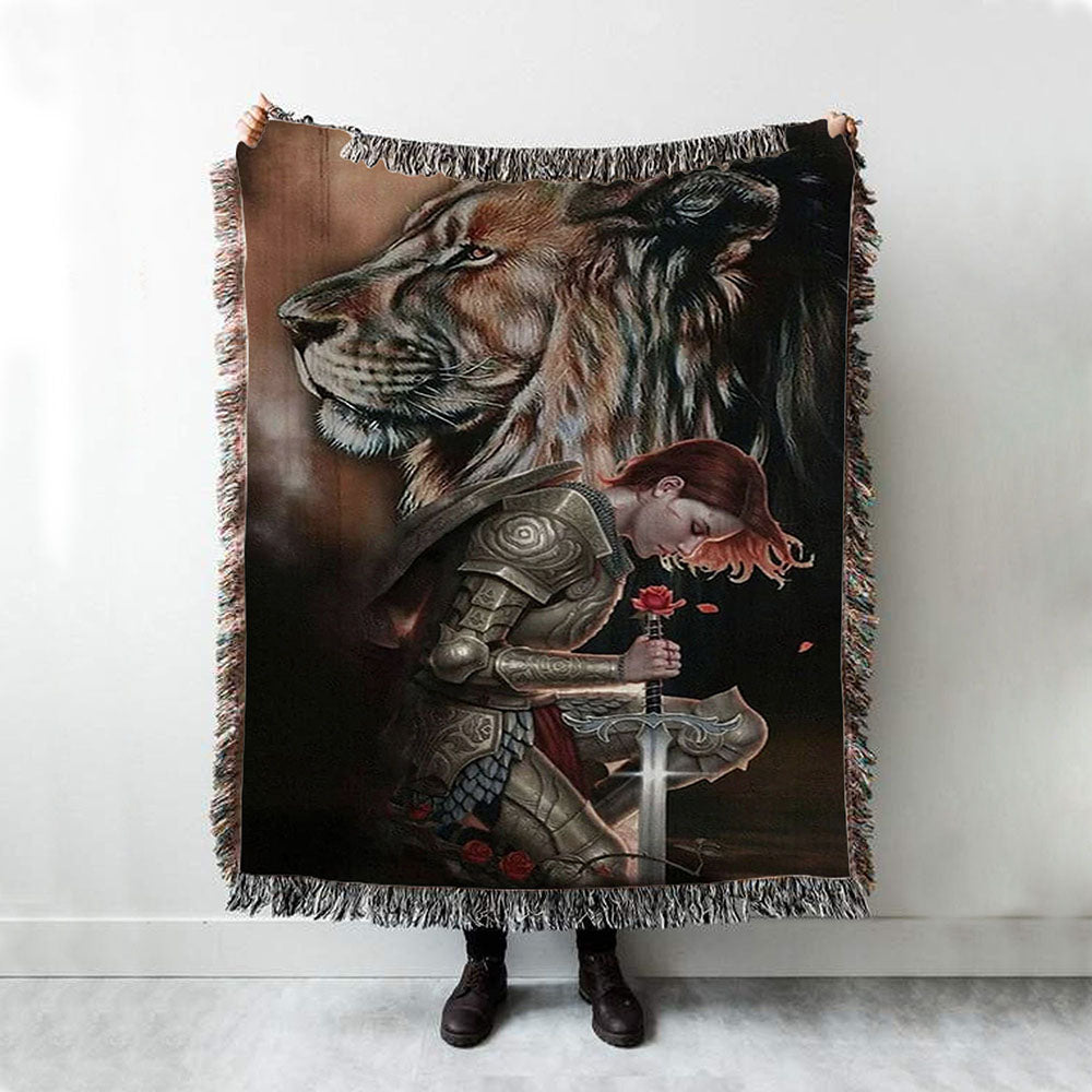 Female Warrior Kneel And Lion Of Judah Woven Throw Blanket - Christian Home Decor - Religious Art