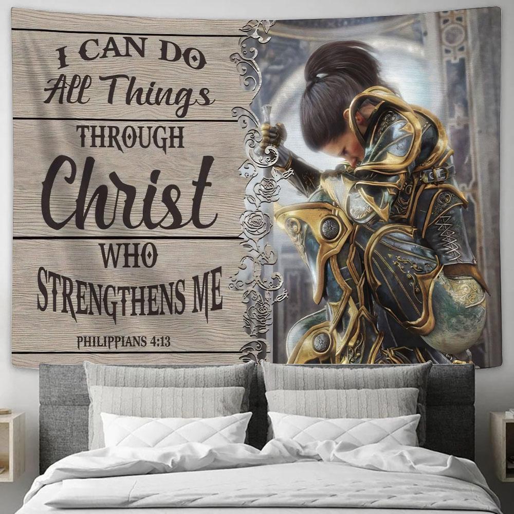 Female Warrior Of God I Can Do All Things Through Christ Tapestry Art - Christian Wall Art - Religious Wall Decor