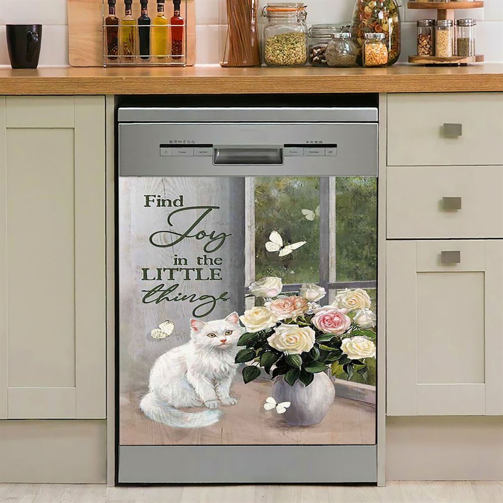 Find Joy In The Little Things White Cat Rose Butterfly Dishwasher Cover, Bible Verse Dishwasher Magnet Cover, Christian Inspirational Kitchen Decor