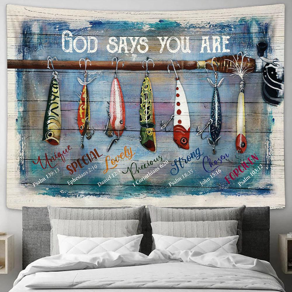 Fish Hook Fishing Rod- God Says You Are Tapestry Wall Art - Bible Verse Tapestry - Religious Tapestry Wall Hanging